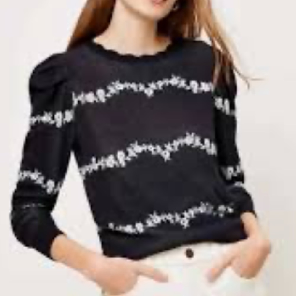 New Loft Navy Floral Stripe Puffy Sleeve Sweater With Scalloped Neckline Large